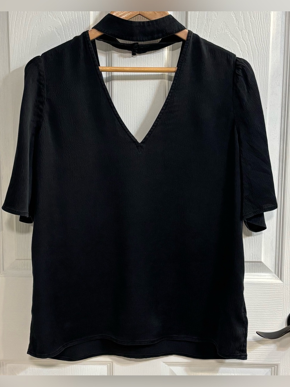 PAIGE Cateline Women’s S Dark Charcoal 100% Silk Double V-Neck Choker Blouse